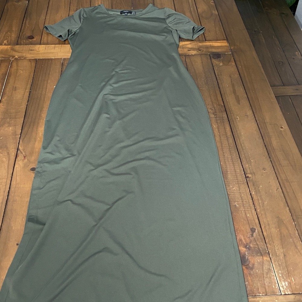 Theory Womens Olive Green Short Sleeve Crew Neck Side Slit Maxi Dress Size M